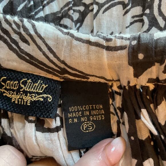 Sara Studio Black & Beige Tie Waist Full Swing Boho Peasant Hippy Midi Skirt PS - Picture 4 of 6